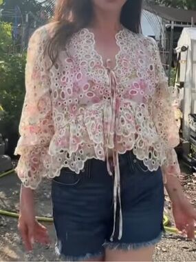 House of Harlow 1960 White Eyelet Floral Tie-Front Blouse with Pink Accents